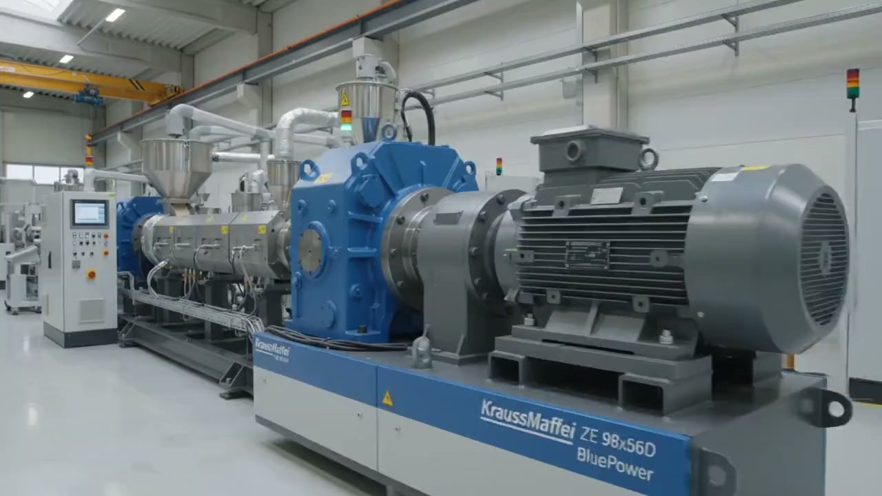 KraussMaffei ZE 98×56D BluePower ko-rotasyonel çift vidalı compounding hattı: kontrol panosu, besleme hunileri, kovan bölmeleri, dişli kutusu ve tahrik motoru